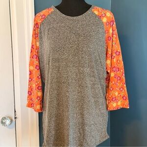 🍊LuLaRoe Randy Baseball Tee - Gray with Orange Floral Sleeves